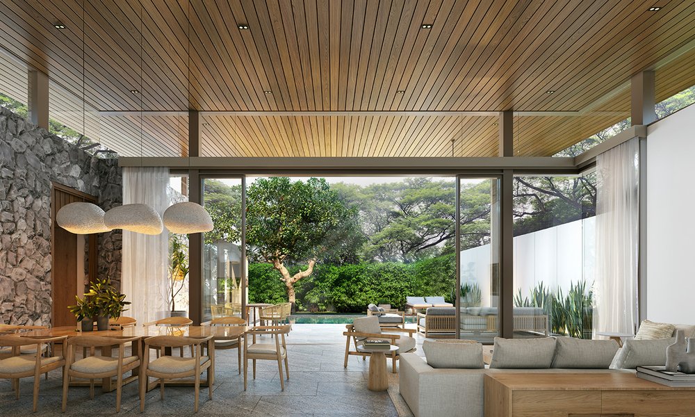 Mono Champaca — dining area with garden view